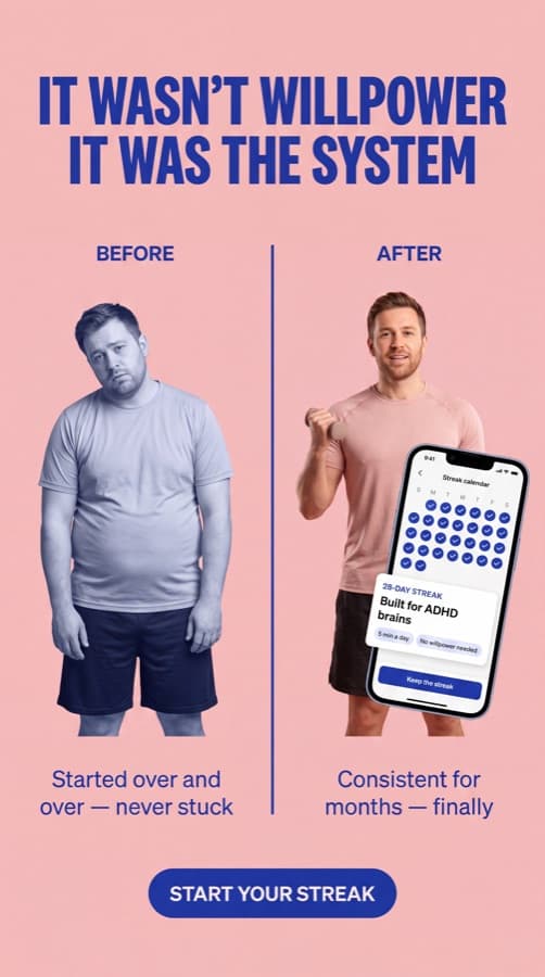 Illustrative example: one member's consistency journey, from starting over repeatedly to a 28-day streak on the app.